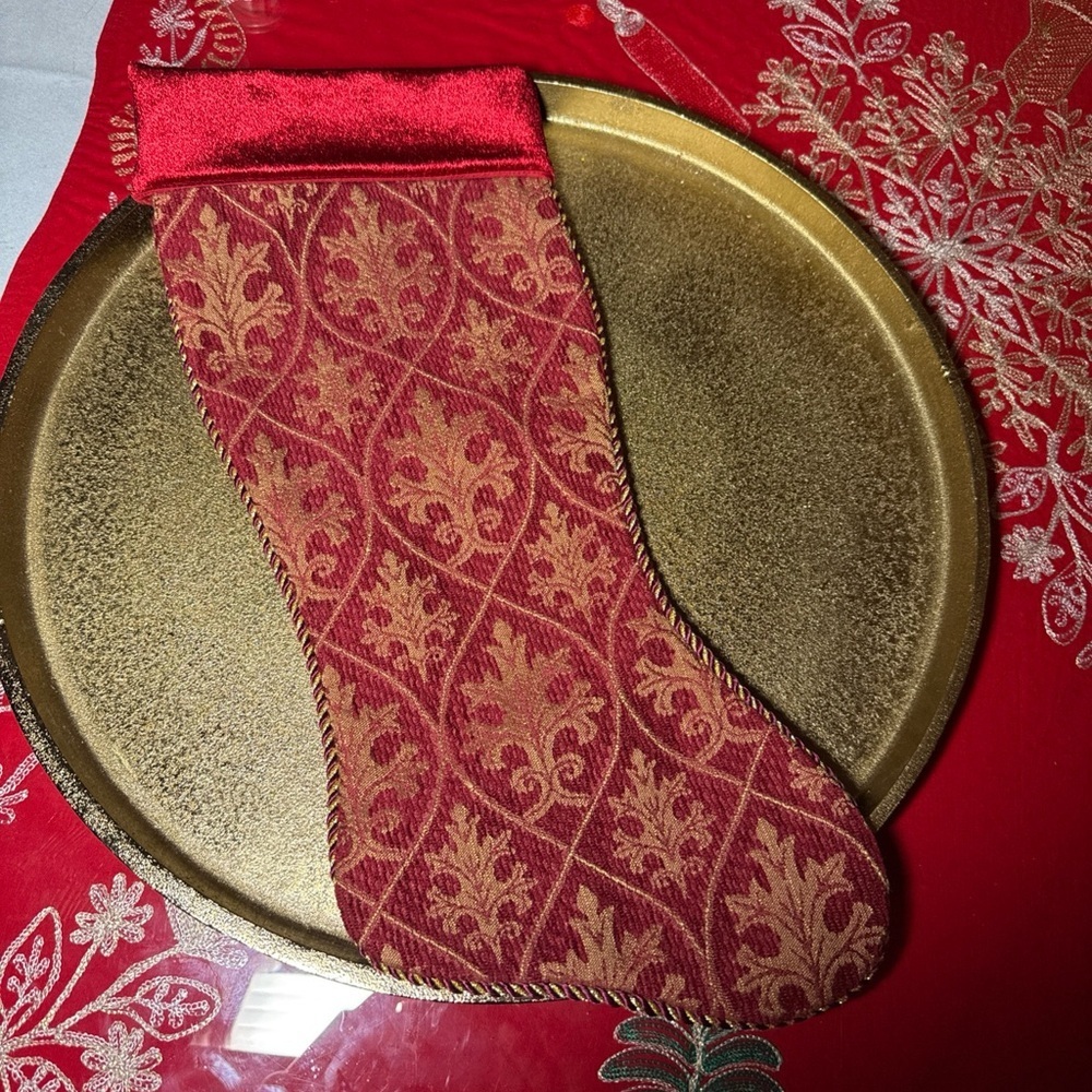 Christmas Stocking Burgundy Red Gold Embellished Cord Scroll Holiday Hanging